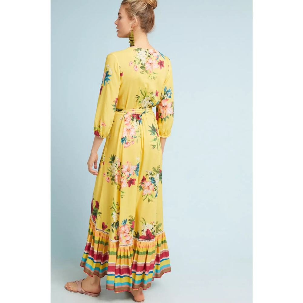 FARM Rio Anthropologie Marketplace Wrap Dress XS Yellow Floral Maxi Resort Boho - Picture 2 of 16